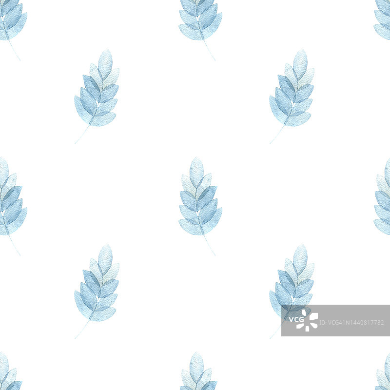 水彩图案：精致的蓝色叶子和树枝植物插图图片素材
