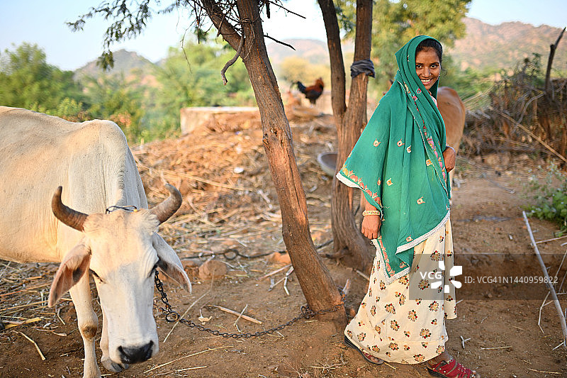 穿着传统服装与牛在一起的拉巴里族妇女肖像图片素材