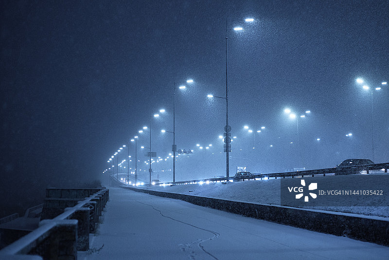 夜间暴风雪中的雪地高速公路图片素材
