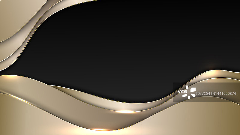 抽象3D奢华金色波浪丝带线条元素，发光效果，黑色背景图片素材