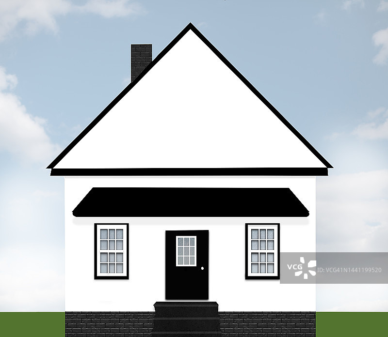 带有黑色装饰和遮阳篷的时尚白色住宅插画图片素材