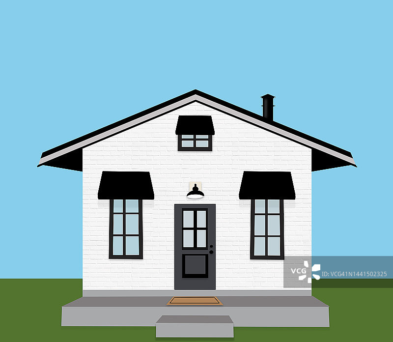 可爱的白色房屋，黑色装饰和窗户遮阳篷插画图片素材