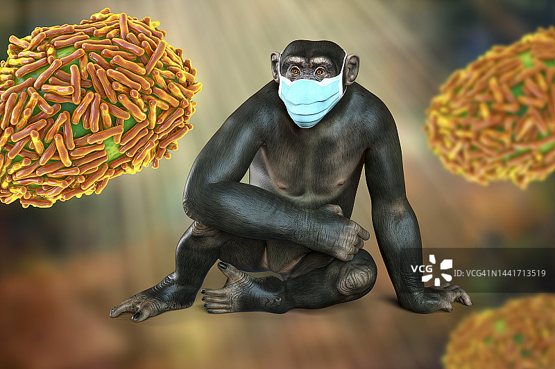 戴口罩的黑猩猩周围的病毒颗粒插图图片素材
