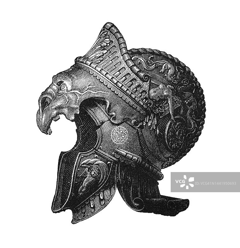 奥地利大公费迪南二世16世纪头盔的老式雕刻插图图片素材