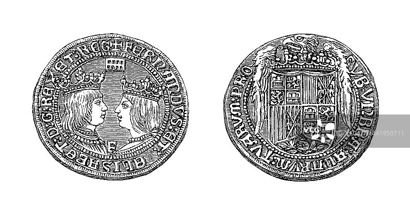 西班牙费迪南五世和伊莎贝拉一世时期的金币老式雕刻插图图片素材