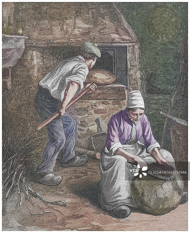 卡尔瓦多斯（法国）农用烤箱老式雕刻插图 - 烘烤“布里面包”（诺曼底传统面包）图片素材