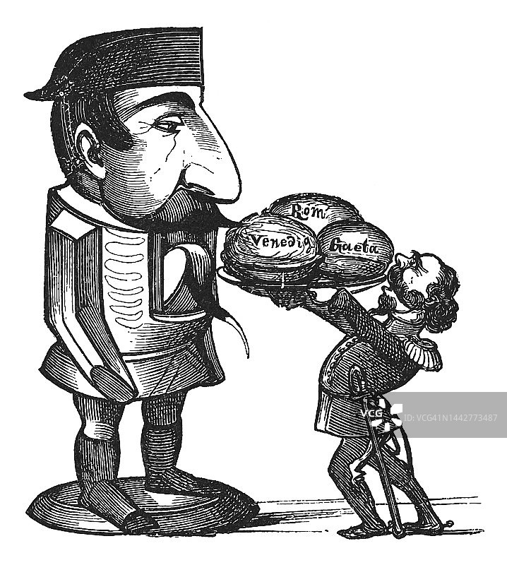 1860年慕尼黑潘趣酒的老式雕刻讽刺画图片素材