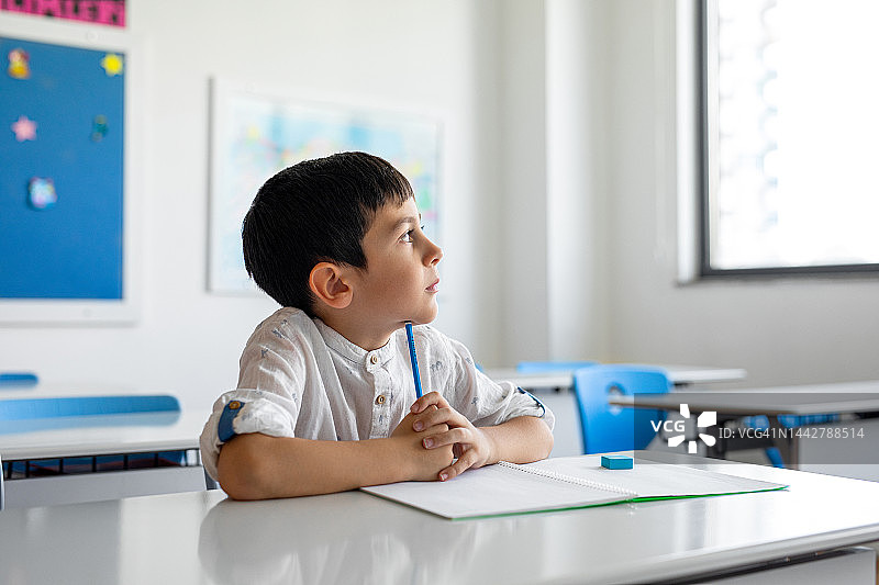 课堂上思考的年轻男学生图片素材