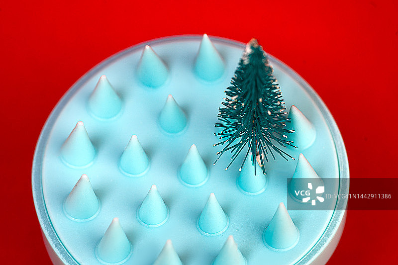 美容化妆品：硅胶淋浴美发湿刷或头部按摩器和红色背景上的圣诞树图片素材