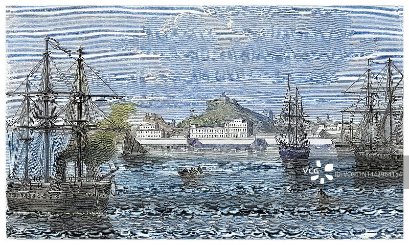 德国“弗里德里希·卡尔”号装甲舰在卡塔赫纳港口复古雕刻插图图片素材