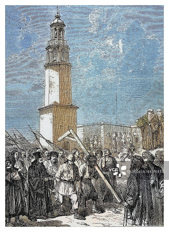 维丁要塞中被处决的保加利亚起义者古老雕刻插图图片素材