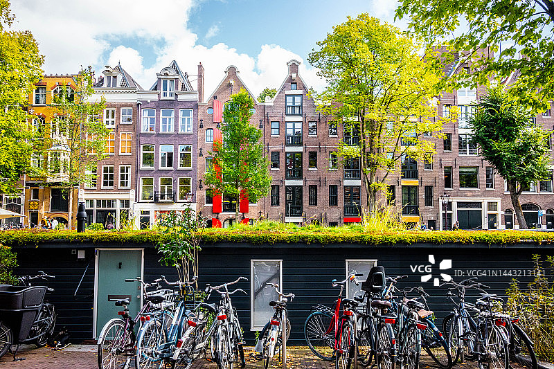 美丽的阿姆斯特丹城市风光：可持续生活方式的绿色屋顶运河房屋和自行车图片素材