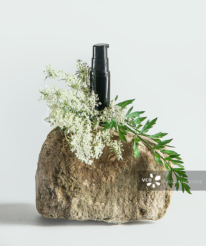 石头上的深色泵瓶草本精油与健康的野生草药和鲜花图片素材