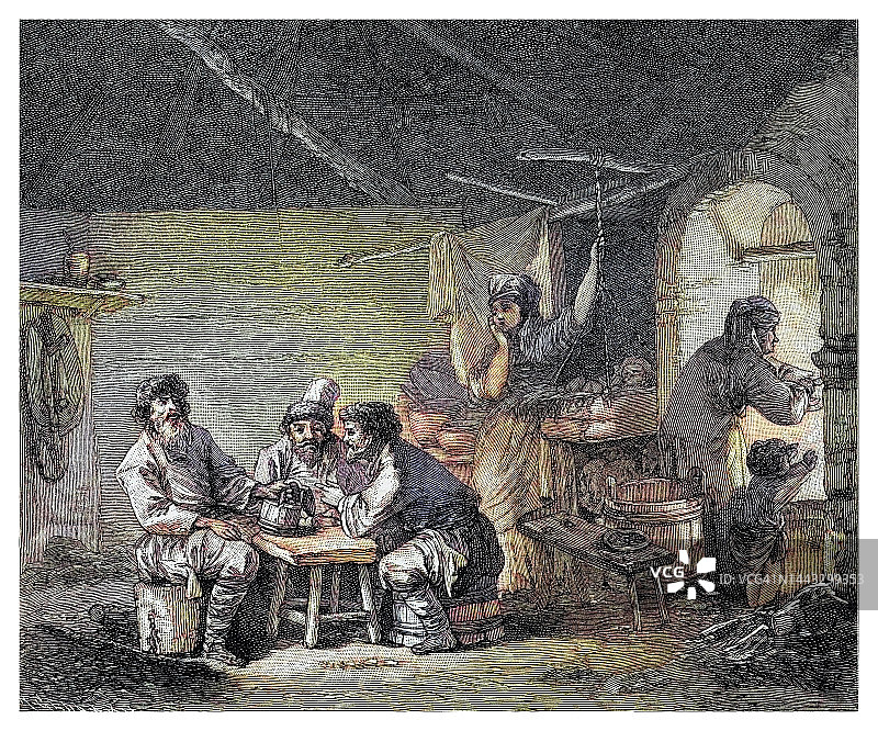 农舍里俄罗斯农民（农奴）的古老雕刻插图图片素材