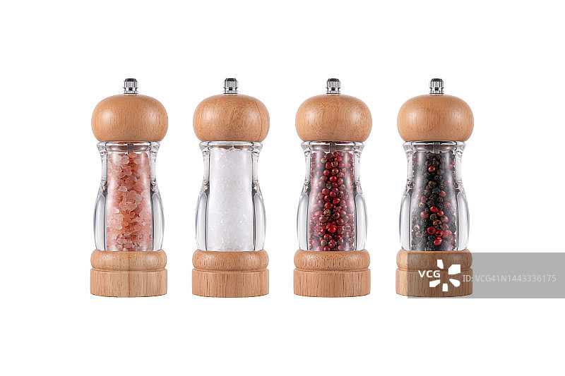 白色背景上透明玻璃盐磨和胡椒磨套餐图片素材