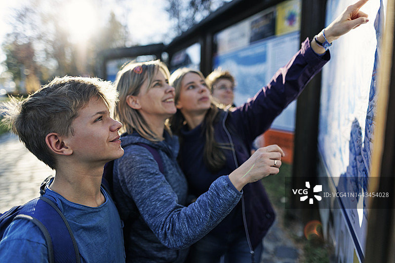 一家人在塔特拉山脉小镇的街道旁，对着徒步地图规划路线图片素材