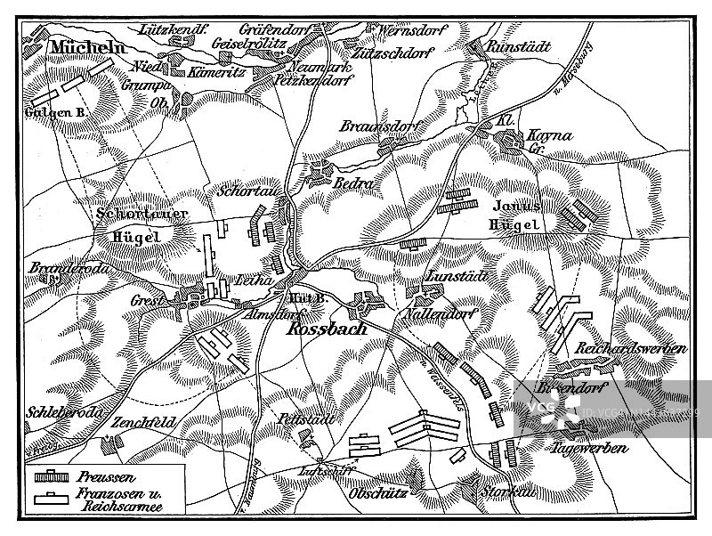 第三次西里西亚战争期间罗斯巴赫战役的古老雕刻地图图片素材