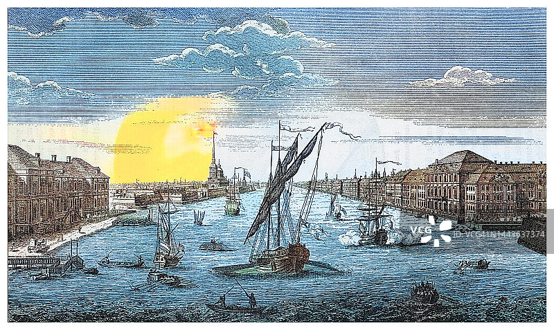 从涅瓦河看圣彼得堡市的景色古老雕刻插图图片素材