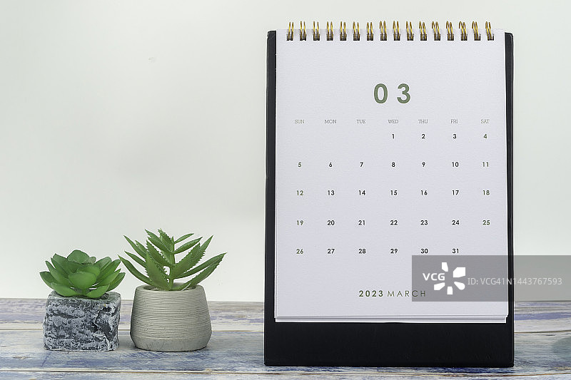 2023年台历：三月，组织者用室内植物在浅灰黄色背景上进行计划和截止日期安排图片素材
