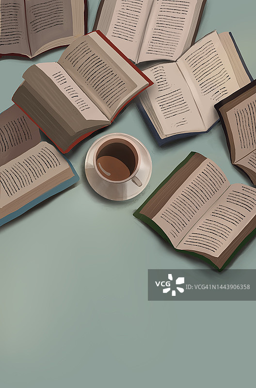 薄荷色背景上的手绘打开的书本和咖啡杯，顶部视图，留有文字空间图片素材