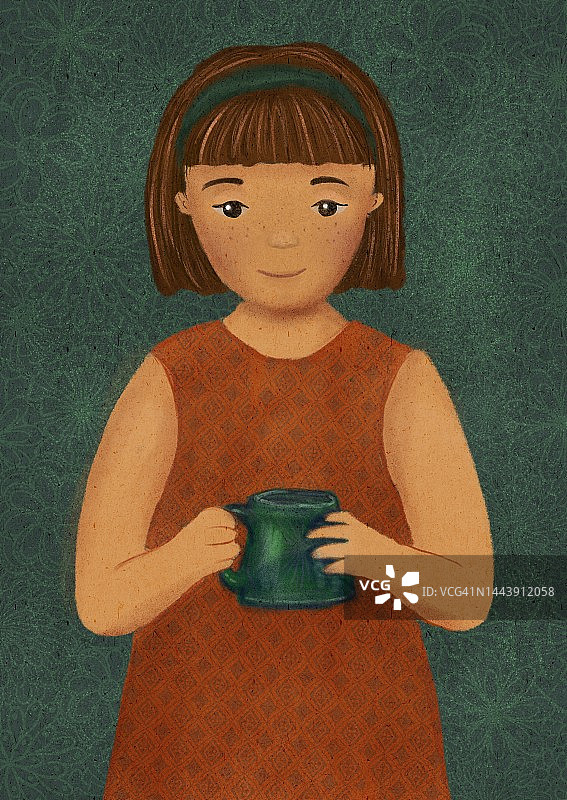 卡通风格的彩绘女孩手捧马克杯图片素材