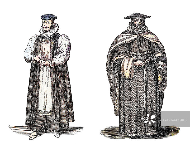 古老的雕刻插图：查理二世时期的服装，英格兰，17世纪下半叶（主教和法官）图片素材
