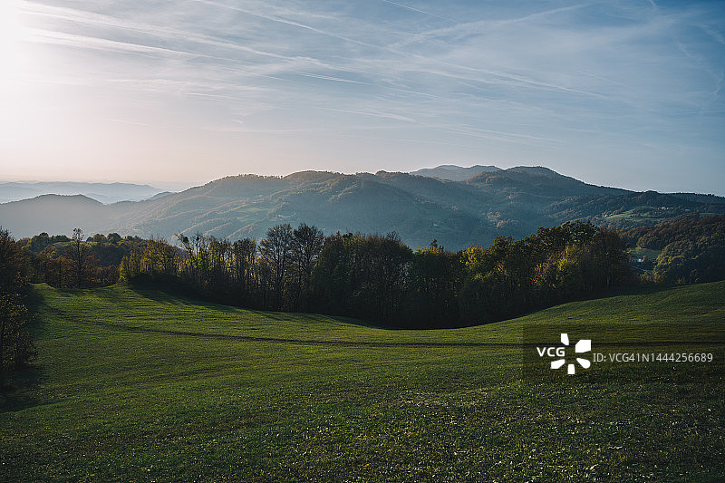 雾蒙蒙的夏日山丘景观图片素材