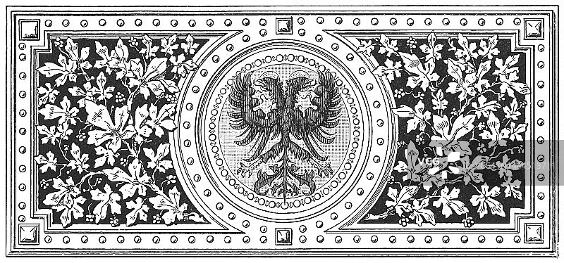 带有双头鹰的装饰性盾徽的古老雕刻插图图片素材