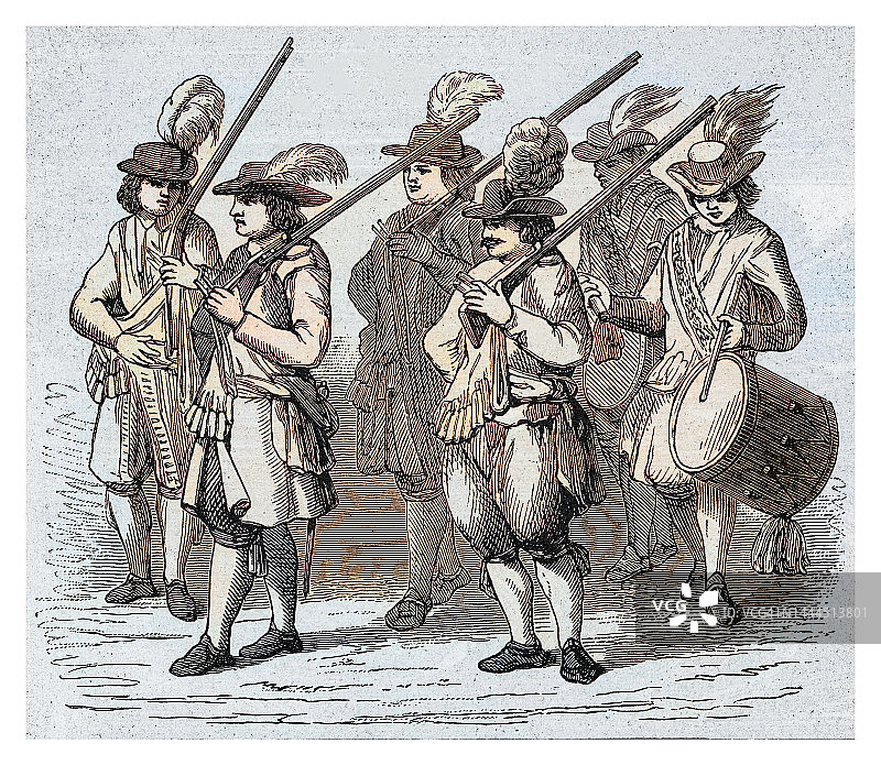 威廉三世时期荷兰卫队古董刻版画图片素材