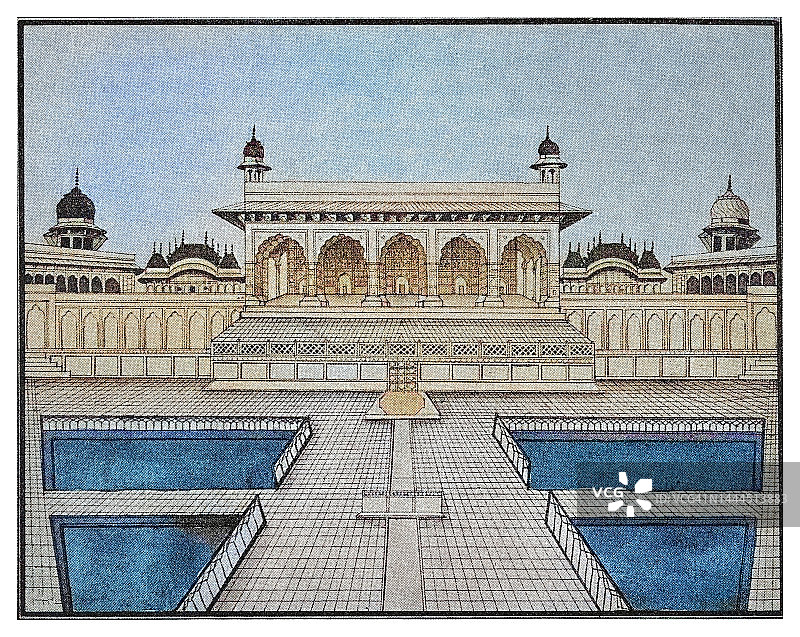 阿格拉堡古版画，莫卧儿王朝的前皇室住所，奥朗则布曾将其父沙贾汗软禁于此（印度阿格拉）图片素材