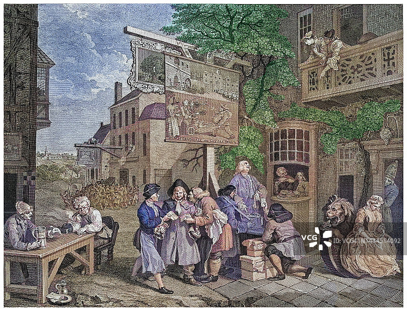 威廉·霍加斯创作的18世纪英格兰选举贿选讽刺画古老雕刻插图图片素材