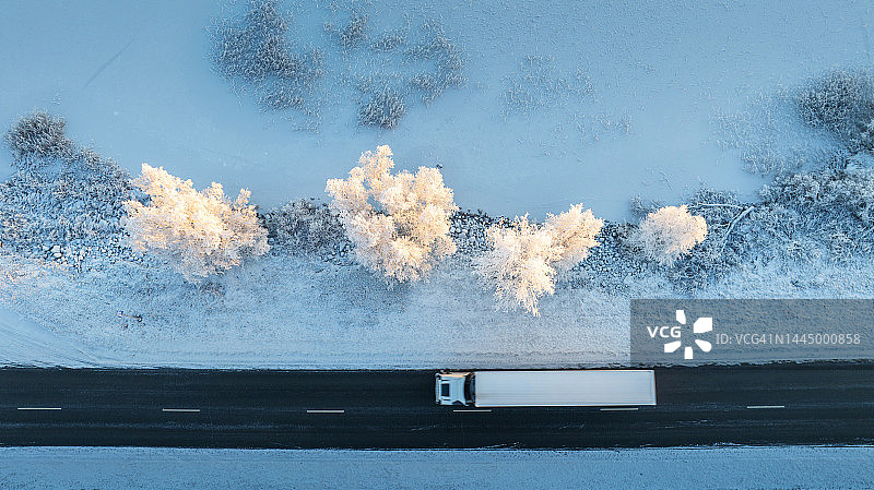 冰雪覆盖的湖边沥青路上的赛道俯瞰图图片素材