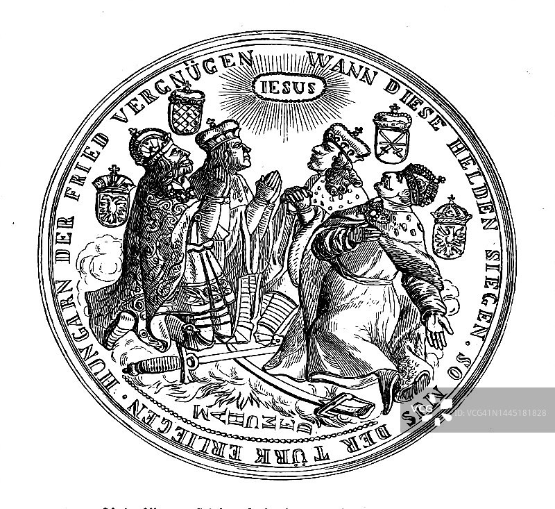 从土耳其围困中解放维也纳的奖章（扬三世·索别斯基）的老式雕刻插图图片素材