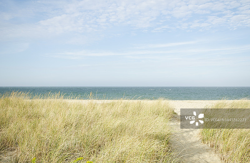 美国马萨诸塞州科德角楠塔基特岛Siasconset海滩上的茅草小路图片素材