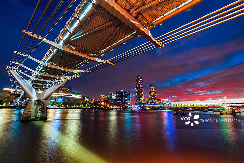 伦敦金融商业区玻璃办公大楼和伦敦千禧桥河岸的黄昏景色，英国伦敦，商业金融概念图片素材