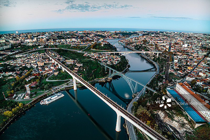 葡萄牙波尔图：杜罗河畔老城区与漫步道鸟瞰图，城市风光与桥梁尽收眼底图片素材