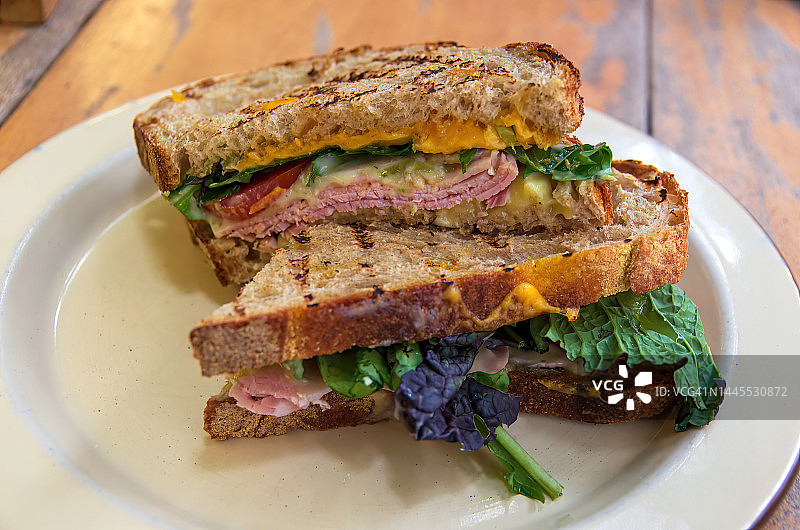 搪瓷盘上的火腿奶酪番茄生菜酸面包烤三明治图片素材