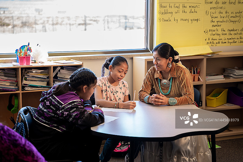 年轻女教师在小学课堂上帮助小学生图片素材