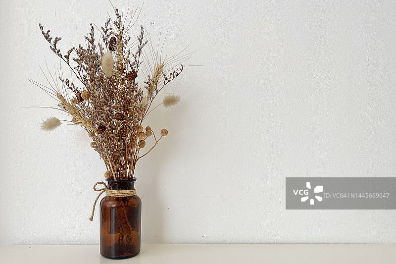 花瓶里的干花和干草 - 白色背景图片素材