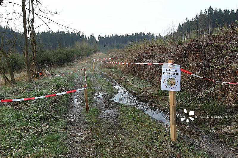 德国巴伐利亚州阿尔高：森林小路上的青蛙卵指示牌图片素材