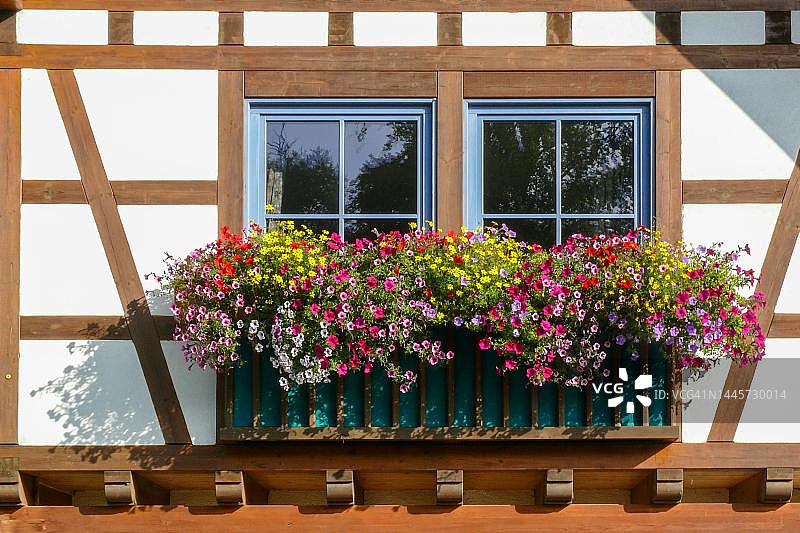 德国萨克森-安哈尔特半木结构房屋外墙与窗户和繁茂的花卉装饰图片素材