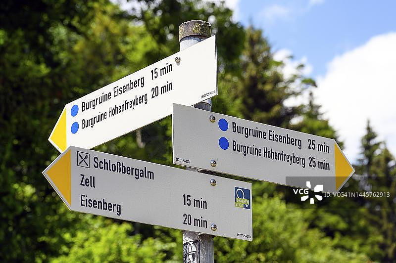 指示牌：艾森堡和霍恩弗雷贝格城堡遗址，位于德国巴伐利亚州阿尔高策尔附近图片素材