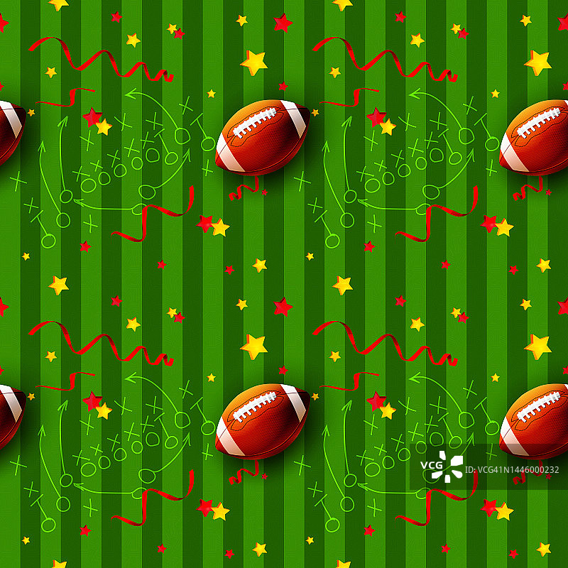 逼真风格的体育与胜利概念：足球背景上的美式橄榄球策略图片素材