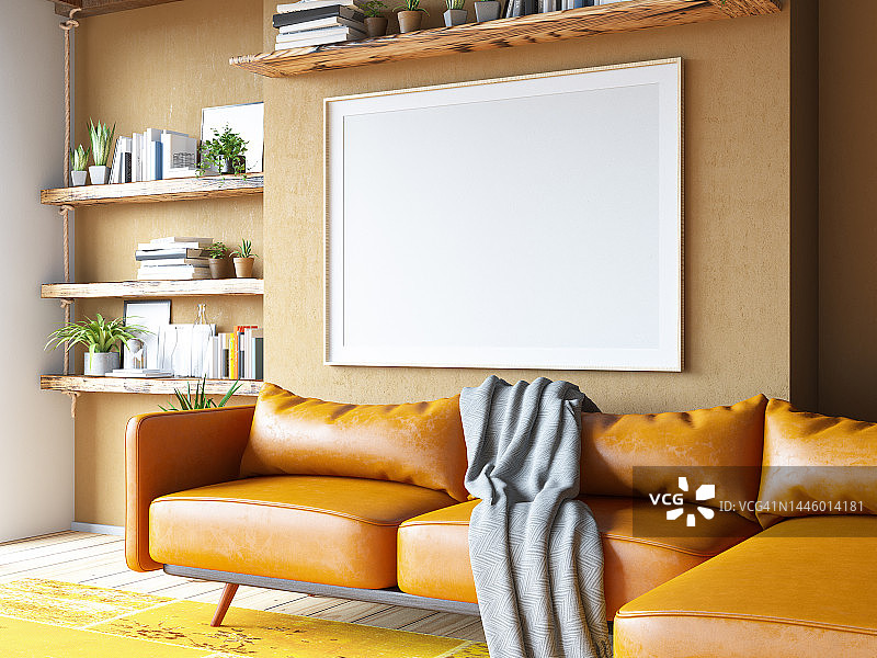 温馨客厅：米色墙壁上的真皮沙发和空白相框图片素材