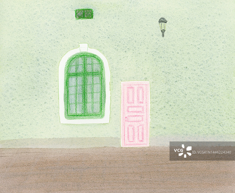 粉色门和绿色窗户图片素材