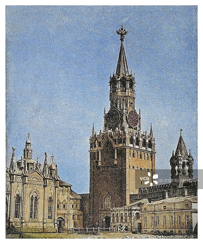 俯瞰俄罗斯莫斯科红场的斯帕斯卡亚塔（救世主塔）古老雕刻插图图片素材