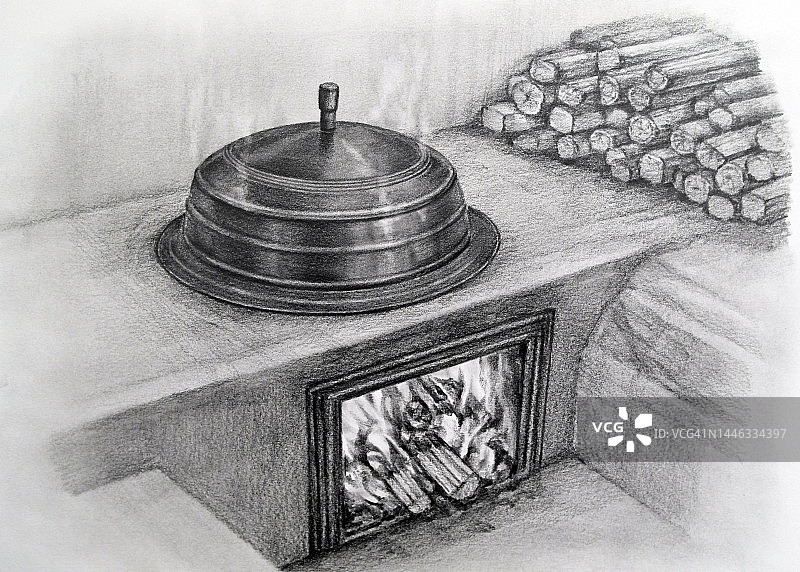 大锅、炉子、插图、铅笔画图片素材