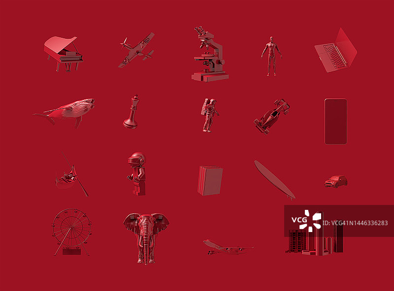红色3D玩具静物：鲸鱼、大象、贡多拉、建筑和宇航员图片素材