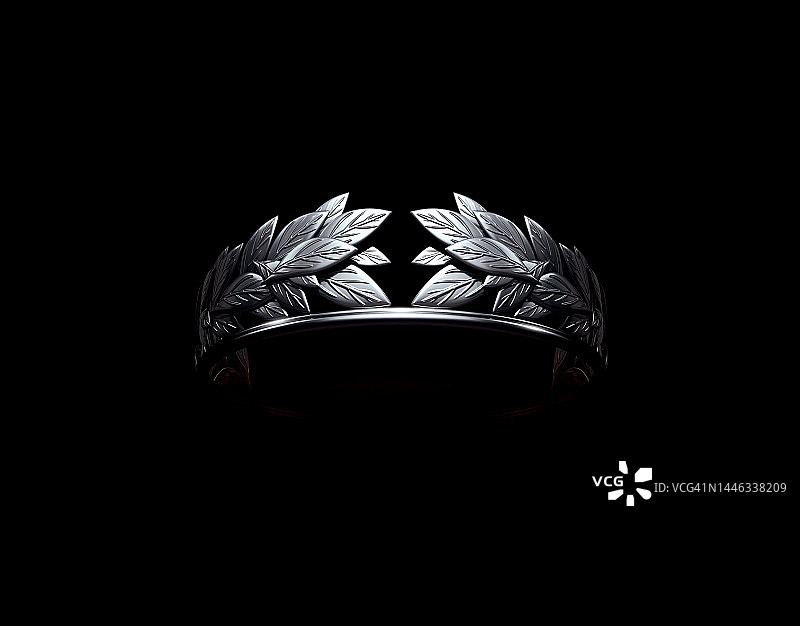 皇冠、月桂花环、银色静物3D黑色背景图片素材