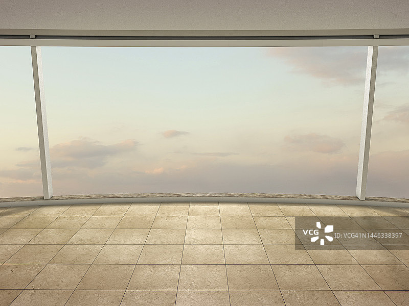 室内空旷空间圆形玻璃窗户3D场景图片素材